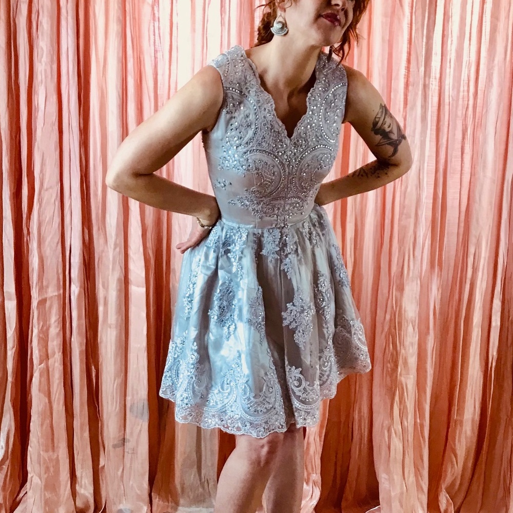 Silver Vintage Lace Embroidered Cocktail Dress
